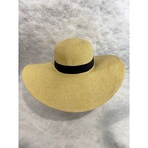 Tan Wide Brim Straw Sun Hat with Black Ribbon Band Beach Summer One Size